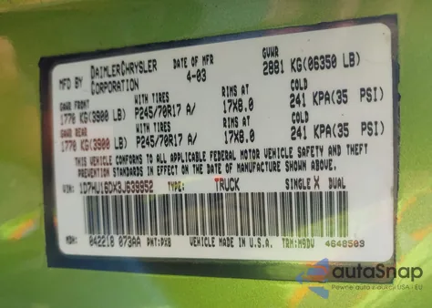 2003 Dodge Ram 1500 Slt/Laramie/St из США, поврежденный, VIN 1D7HU16DX3J639952